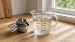 1 cup in milliliters shown in a glass measuring cup