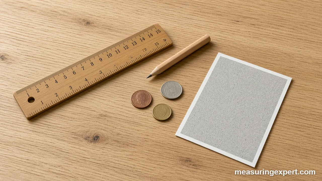 Coins and a photo print as everyday objects close to 10 cm long