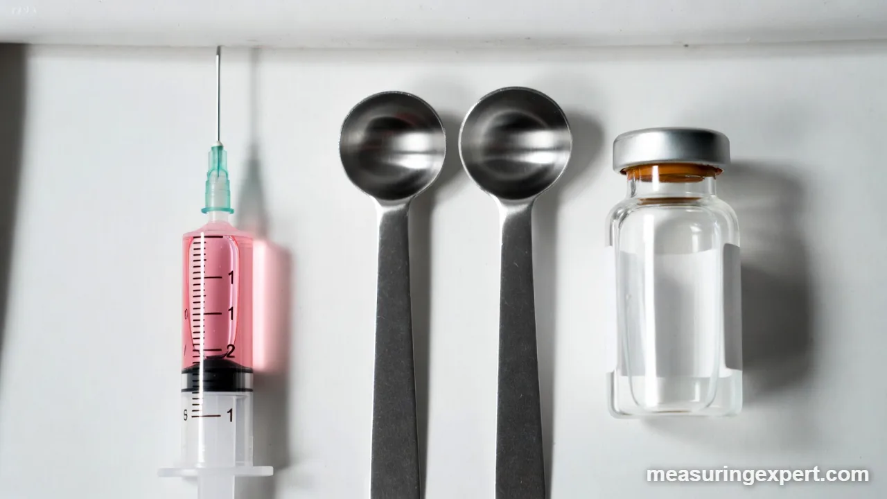 10 ml of liquid medicine in an oral syringe beside measuring teaspoons