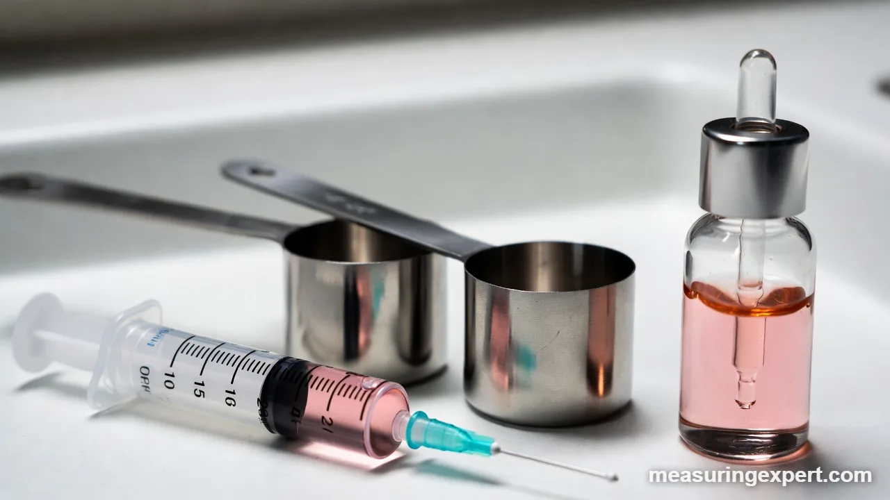 Small bottle and measuring spoons, tools that measure 10 ml well