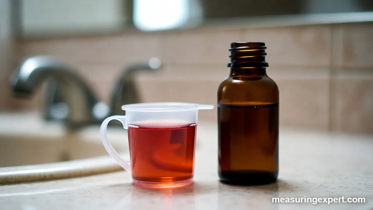 30 ml of cough syrup in a medicine dosing cup
