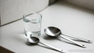 30 ml of water in a small glass beside measuring tablespoons