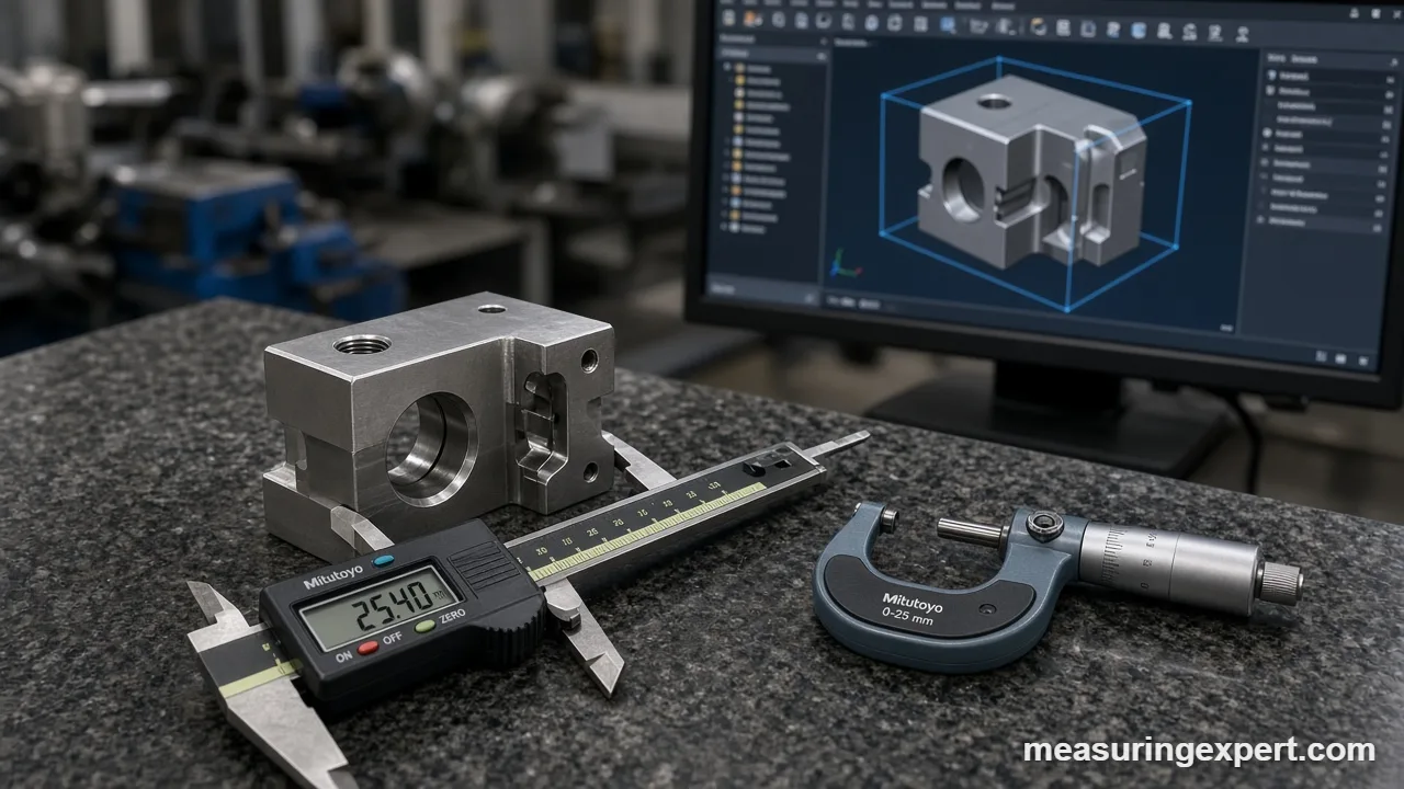 3D modeling check of a machined part with a digital caliper and CAD model