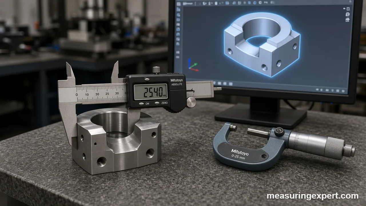 3D modeling dimensions compared with a micrometer reading on a machined part