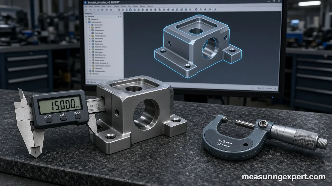 3D modeling model on a monitor beside the real part and a caliper