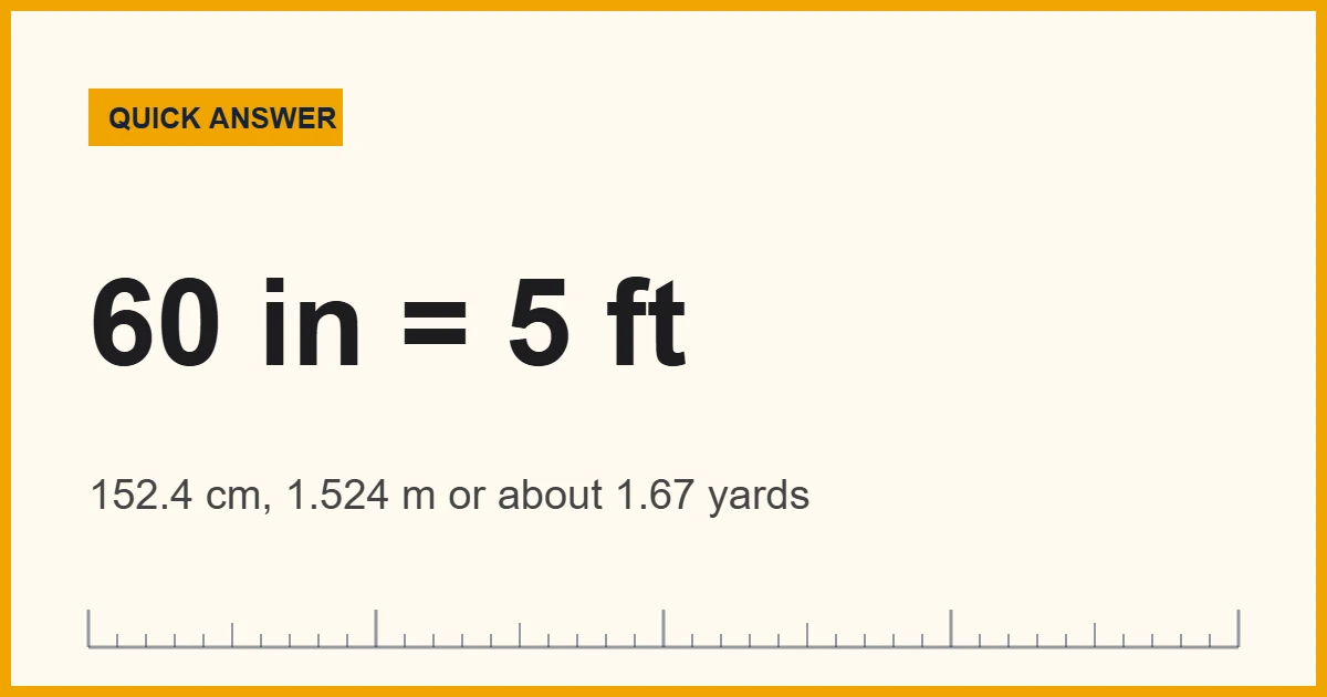 60 inches equals 5 feet, 152.4 cm or 1.524 meters