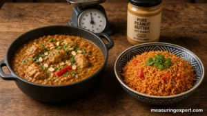 African stew measurements: pot of peanut stew with jollof rice and a kitchen scale