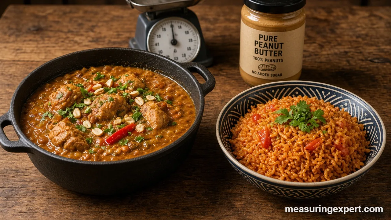 African stew measurements: pot of peanut stew with jollof rice and a kitchen scale