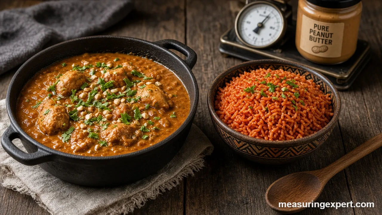 African stew measurements for maafe: peanut stew with peanut butter jar on a table