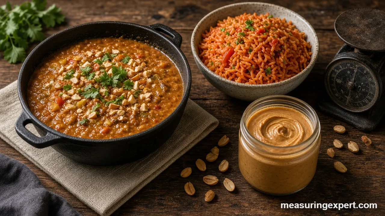 African stew measurements for egusi and jollof rice: bowls of rice and stew beside a scale