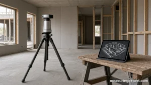 AI construction measurement with a laser scanner on a tripod in an unfinished building