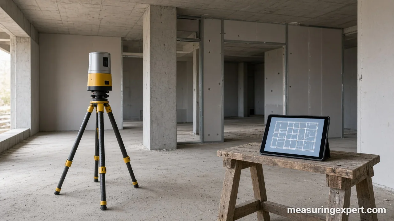 AI construction measurement tablet showing a floor plan on a job site