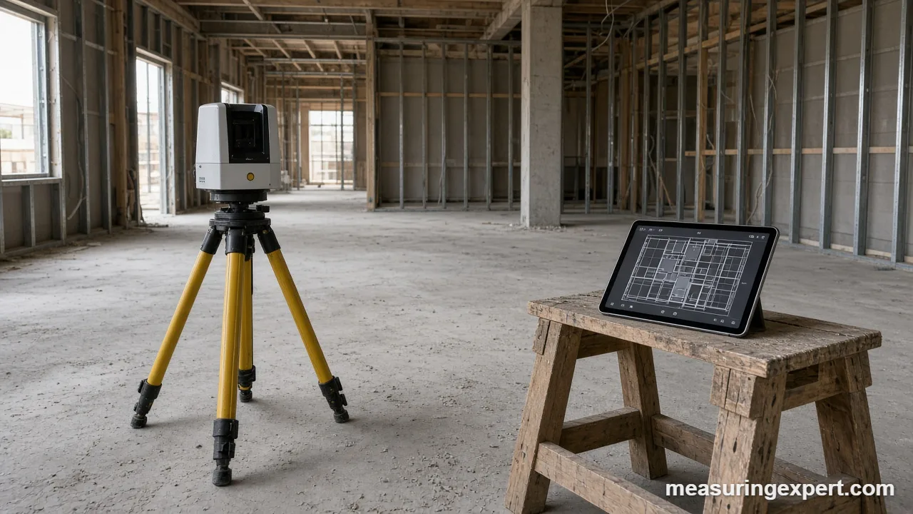 AI construction measurement scanner capturing a concrete floor area
