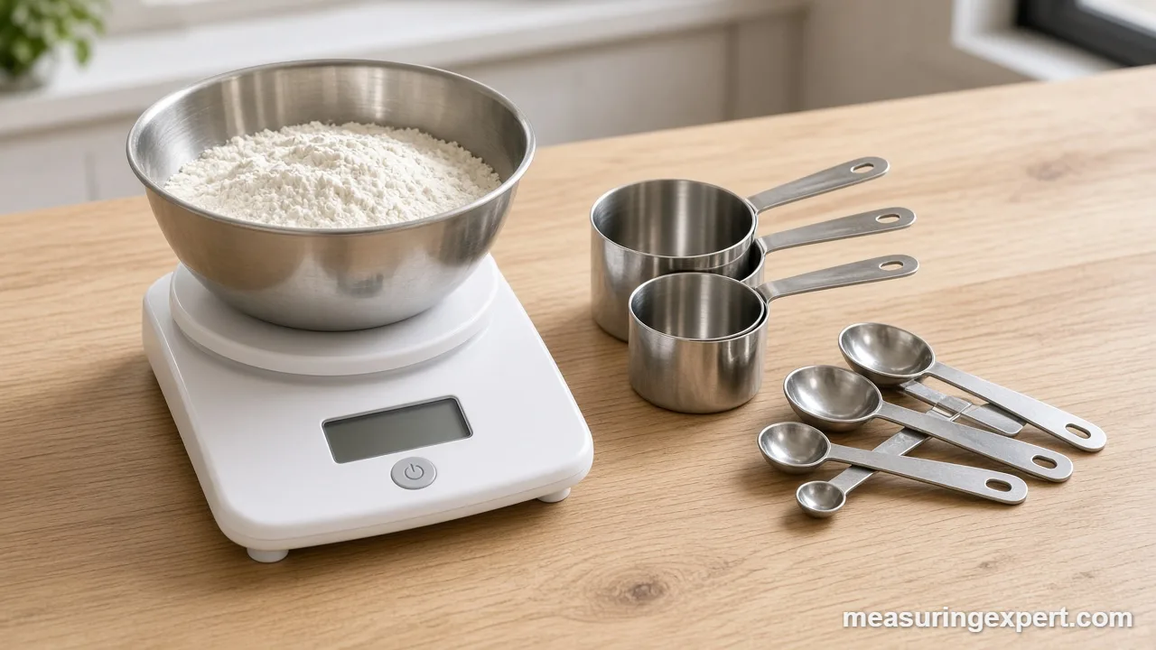 Allergen-free cooking: flour weighed in a bowl on a kitchen scale