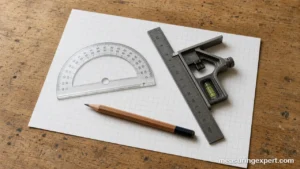 Angle measurement tools: a protractor and a square on a workbench