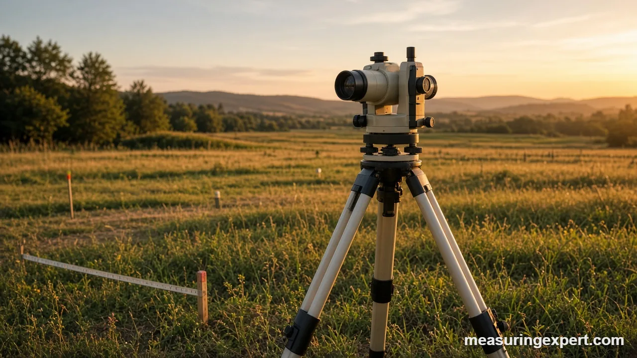 Angle measurement in surveying with a theodolite on a tripod in a field