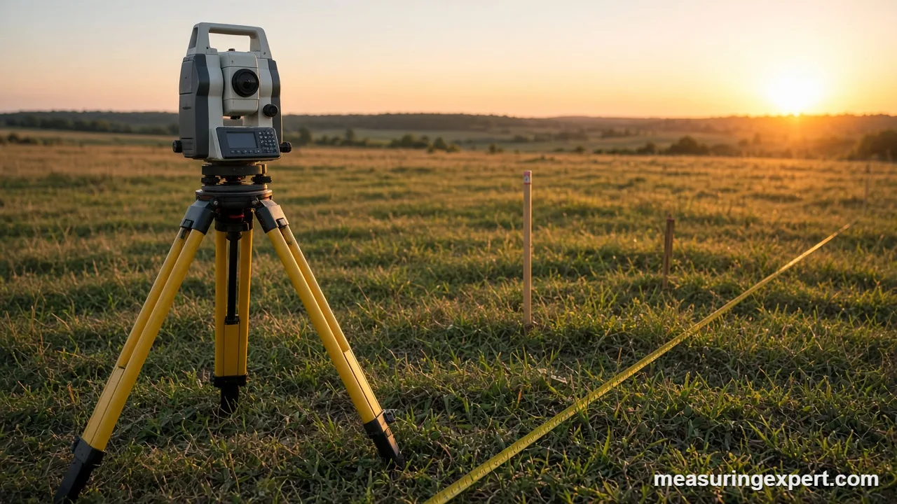 Angle measurement in surveying: survey stakes and a measuring tape on grass