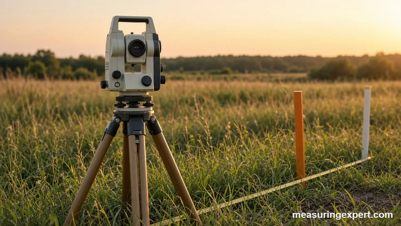 Angle measurement in surveying with a tripod-mounted instrument at sunset