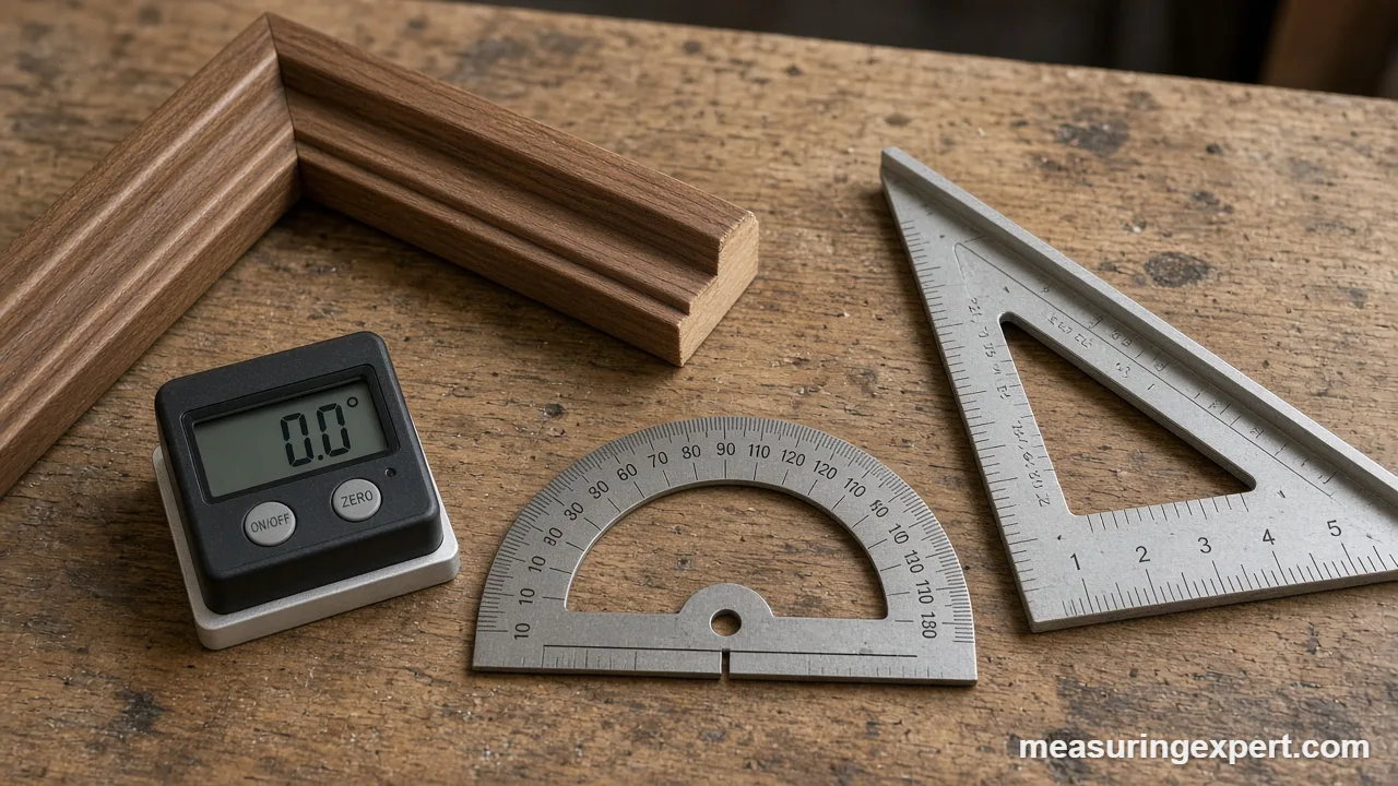Angle measurement tools: digital angle gauge, protractor and speed square on a workbench