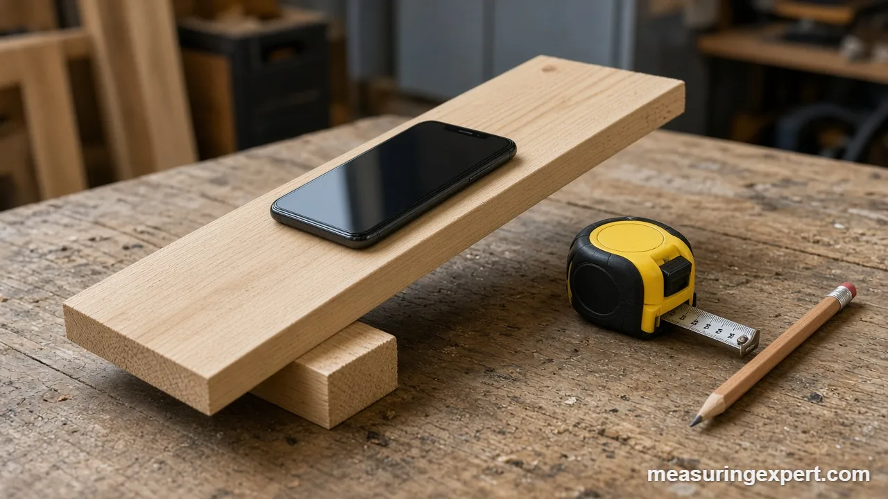 Angle measuring app on a phone resting on a tilted wooden board