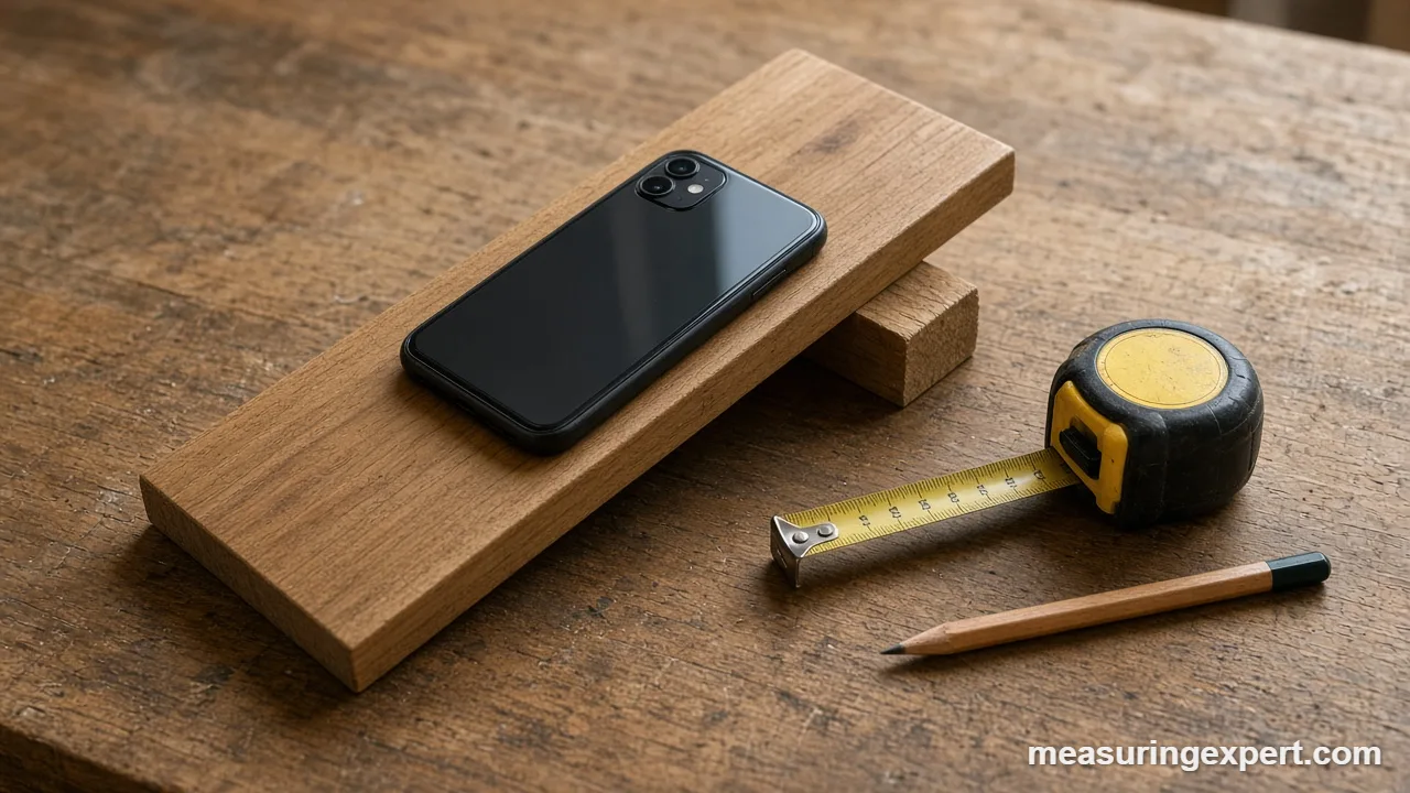 Phone and tape measure on a workbench for an angle measuring app accuracy test