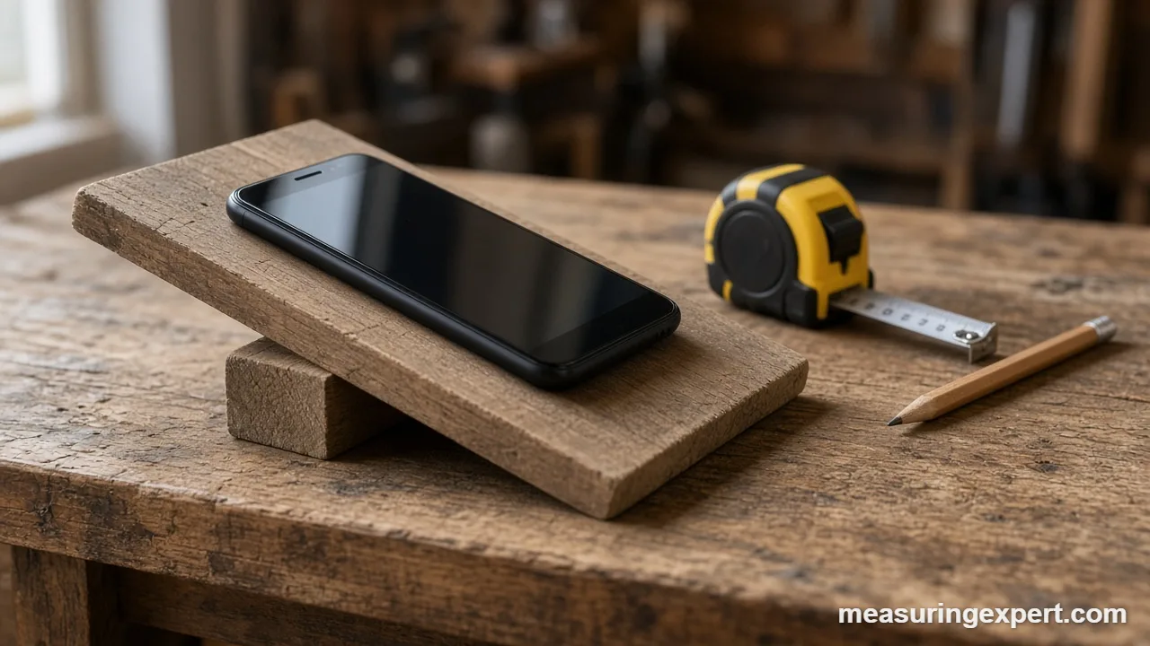 Using an angle measuring app next to a digital angle gauge on a workbench