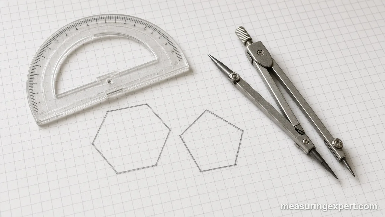 Angles in a polygon: a protractor and compass beside a drawn hexagon