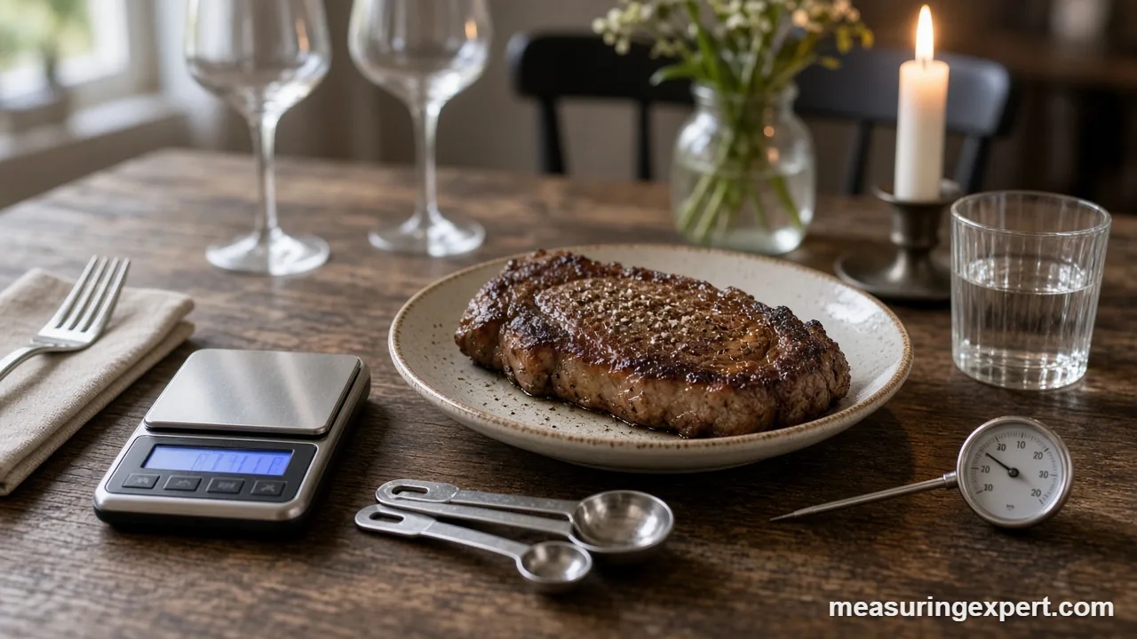 Scale, spoons and thermometer on a table set for anniversary dinner measurements