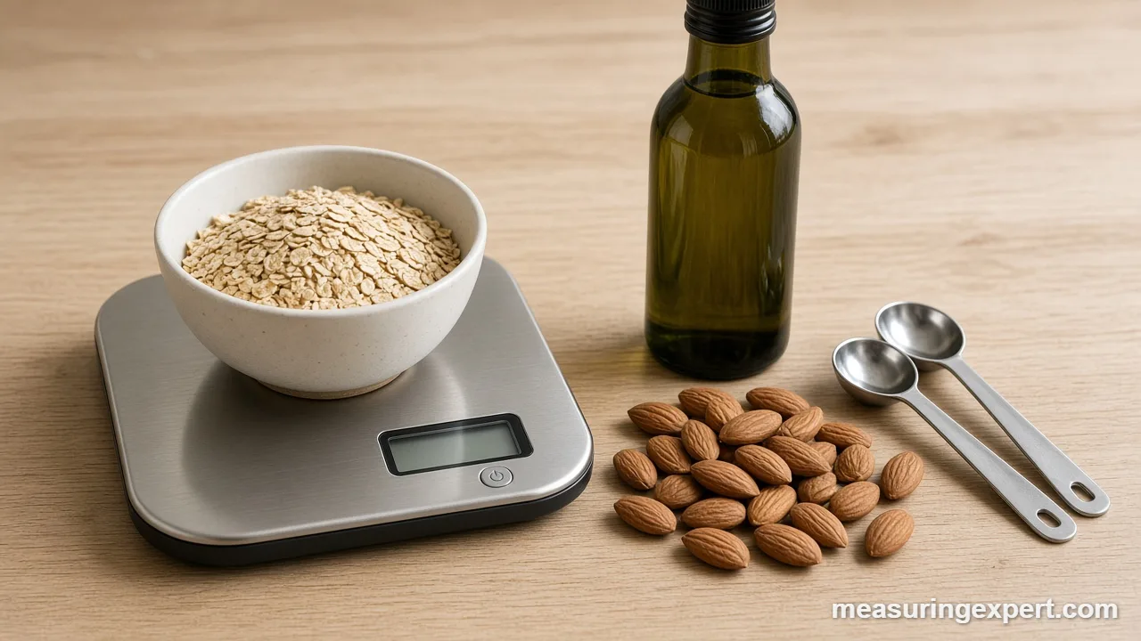 Kitchen scale with oats, olive oil and almonds for anti-inflammatory recipes
