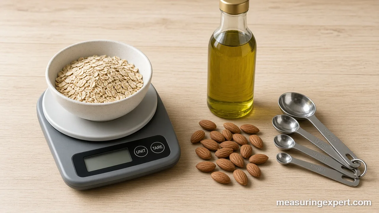 Olive oil and almonds ready to weigh for anti-inflammatory recipes