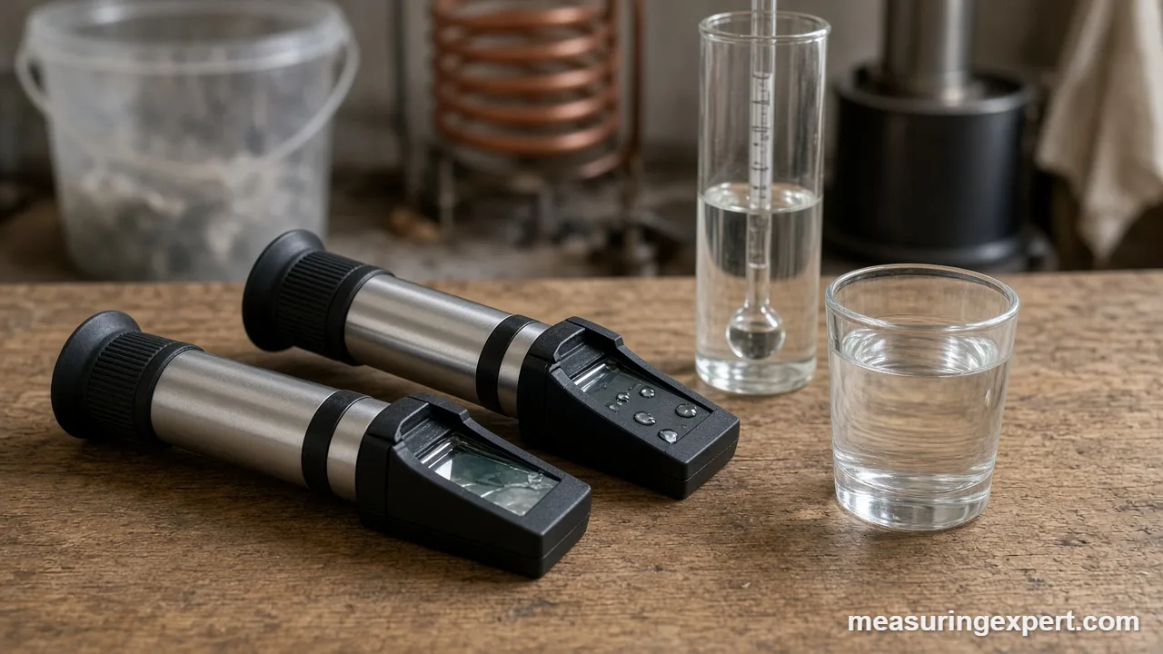 Reading a refractometer scale and hydrometer for alcohol checks