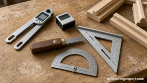 Best angle measuring tool types laid out on a woodworking bench