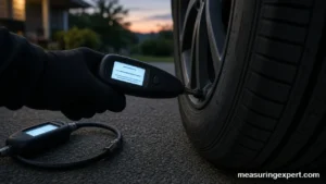 Best backlit tire gauge reading a car tire valve at dusk