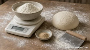 Best baking scale weighing flour in a bowl on a bakery counter