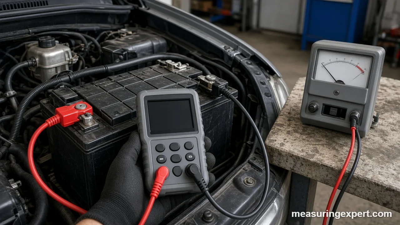 Best battery load tester clamped to a 12V car battery in an engine bay