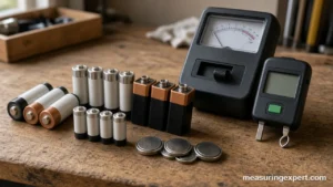 Best battery tester options with AA, 9V and coin cell batteries on a workbench