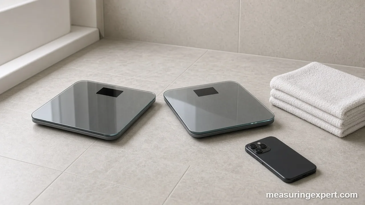Glass smart scale beside a phone, part of choosing the best Bluetooth bathroom scale