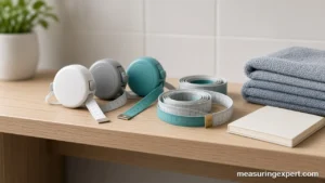 Best body measuring tape options on a bathroom shelf