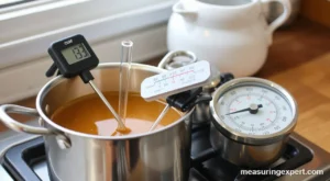 Best candy thermometer clipped to a saucepan of caramel syrup on a stovetop