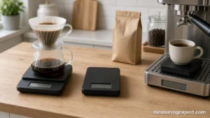 Best coffee scale options on a kitchen counter with a pour-over dripper and espresso cup