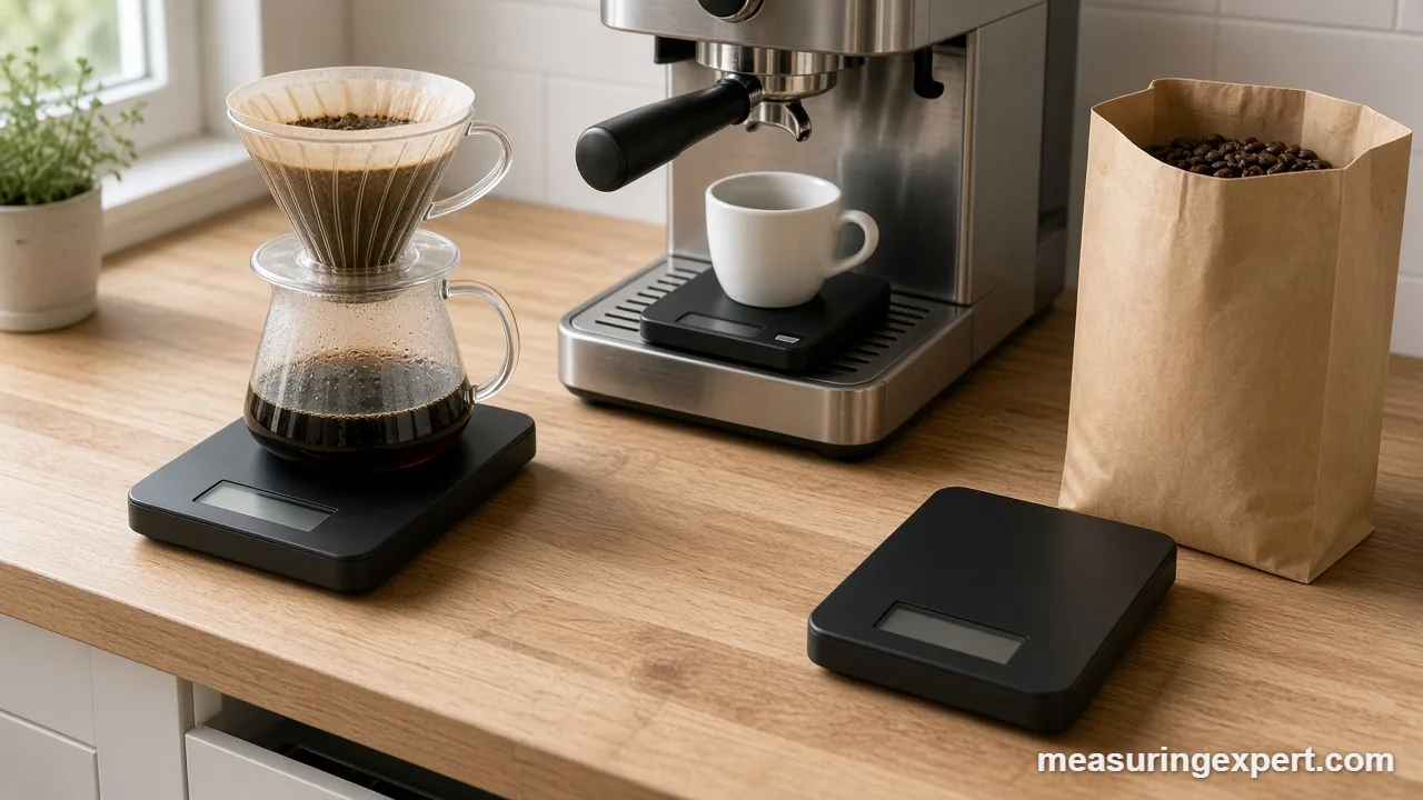 Best coffee scale weighing a pour-over brew on a wooden counter