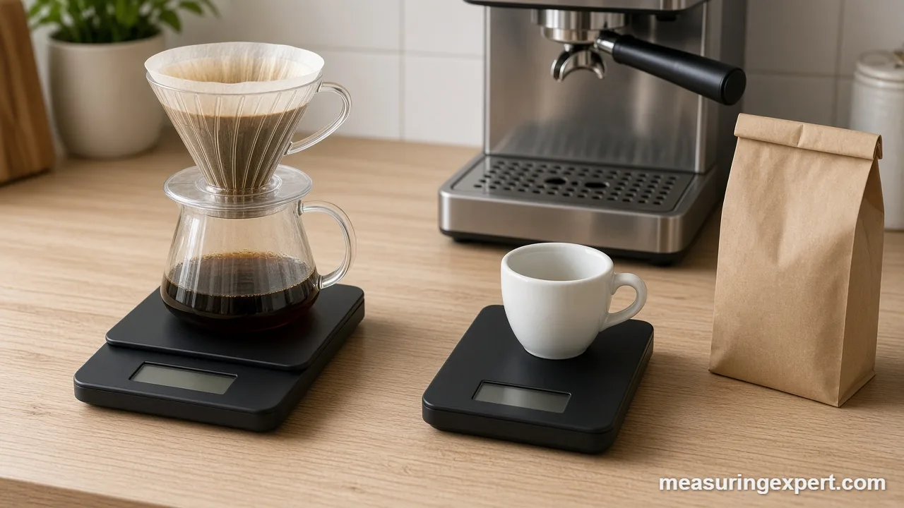 Small best coffee scale for espresso on a drip tray next to coffee beans
