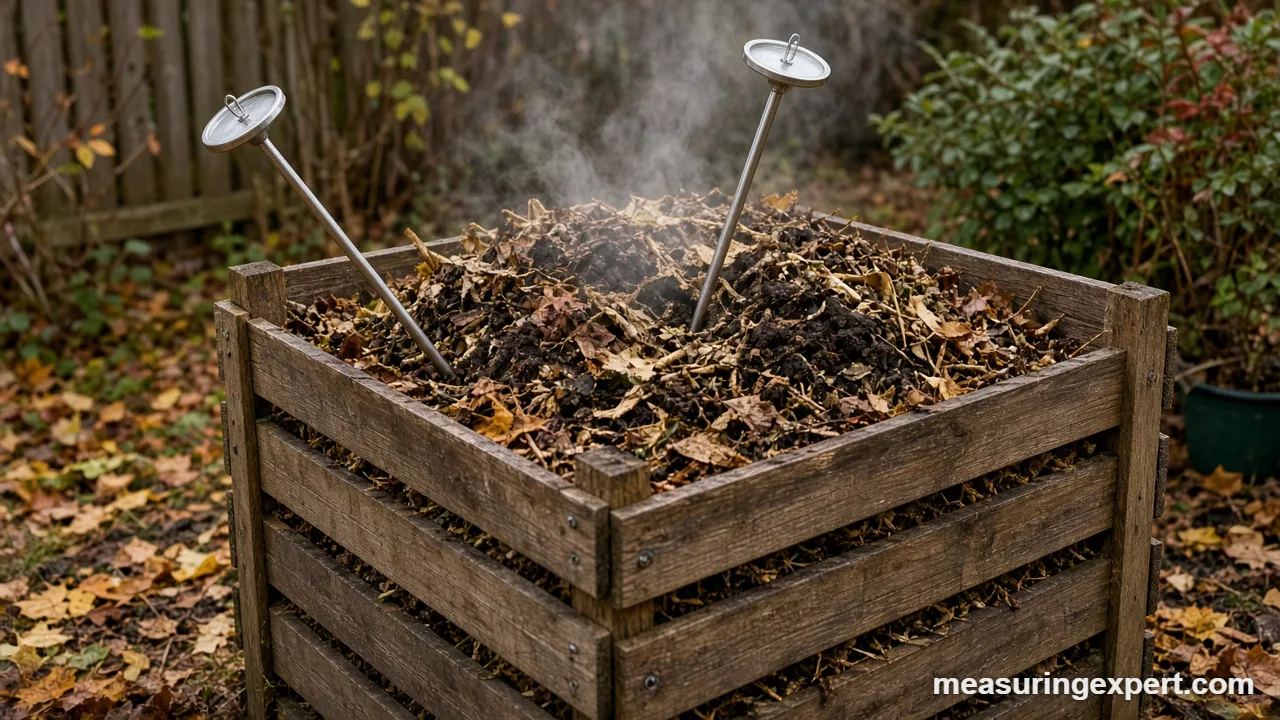 Best compost thermometer with a long stainless stem in a steaming backyard compost pile