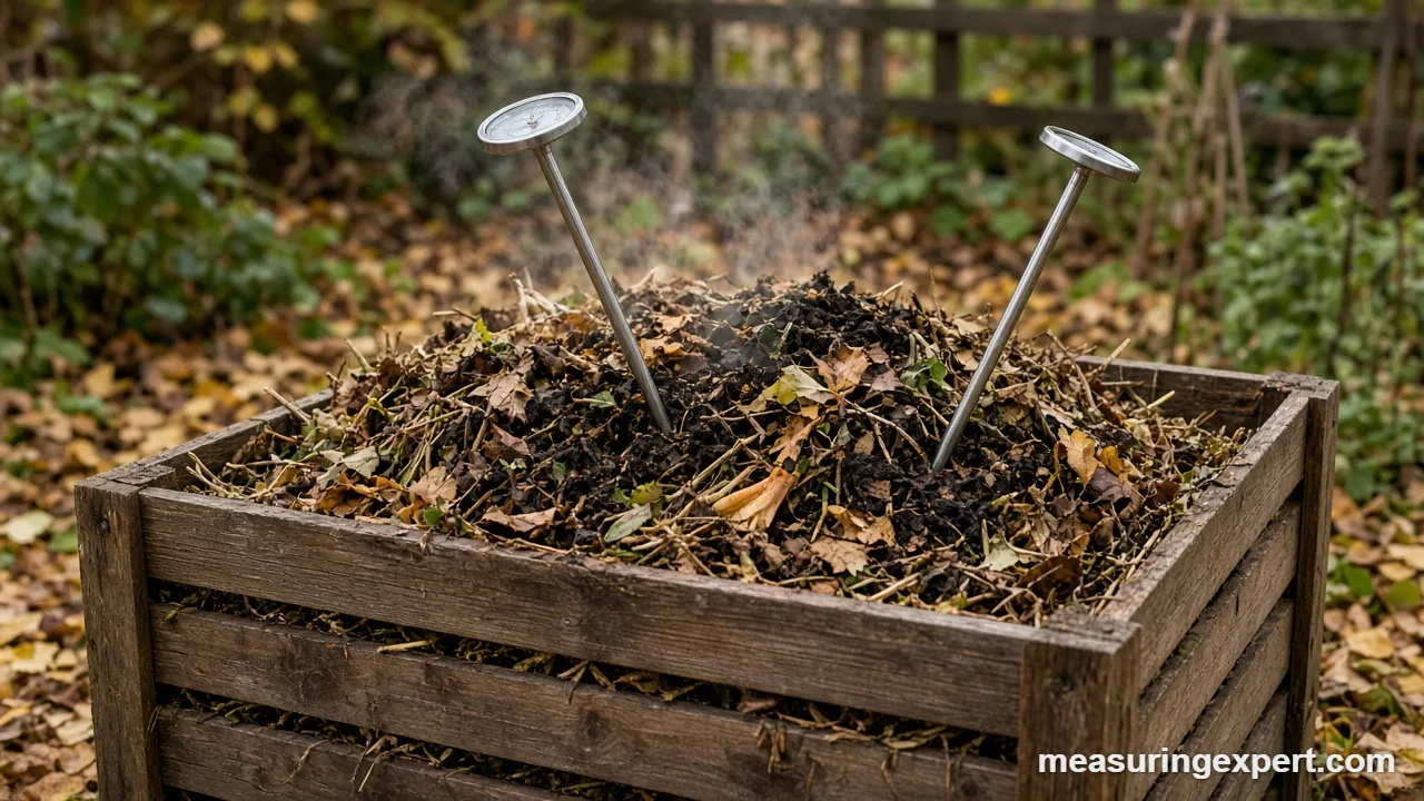Dial compost thermometer pushed into the center of a hot garden compost pile, the way to read the best compost thermometer