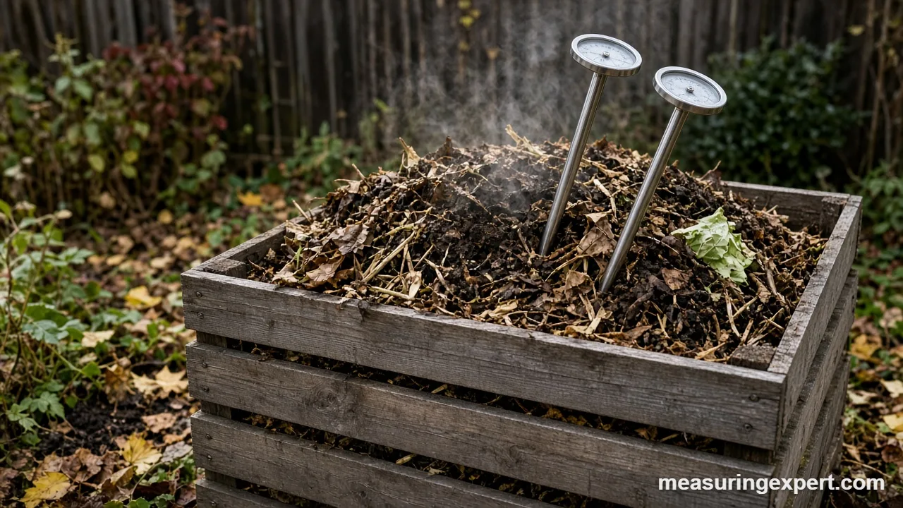 Long-stem compost thermometers in a wooden compost bin showing stem length for different pile sizes