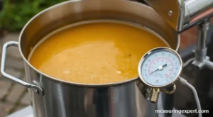 Best deep fry thermometer clipped to a stainless pot of hot frying oil