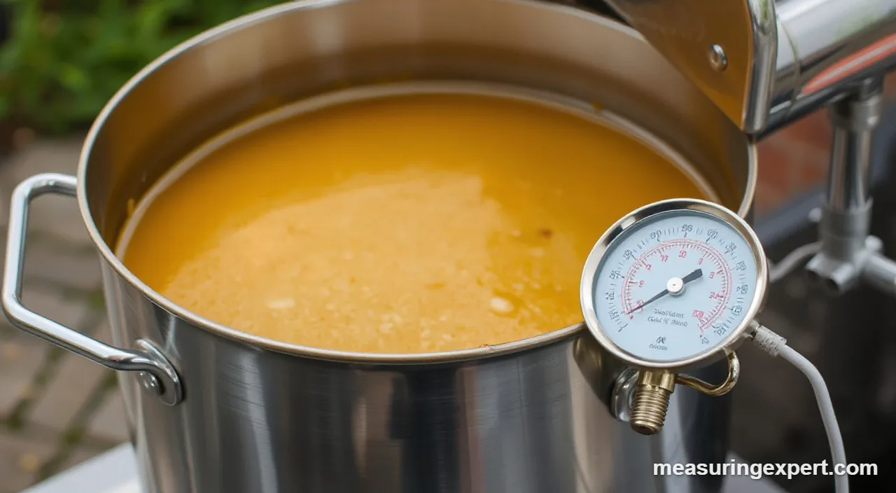 Best deep fry thermometer clipped to a stainless pot of hot frying oil