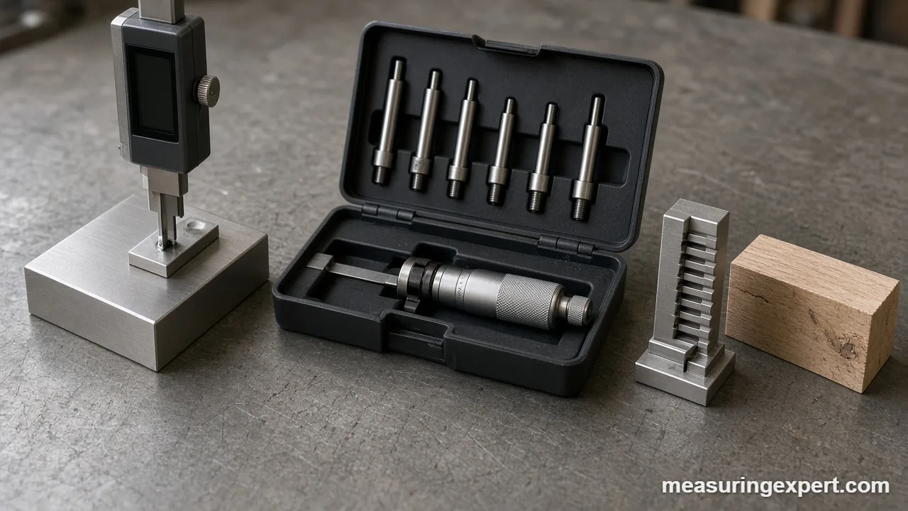 Router bit height gauge next to a depth micrometer for choosing the best depth measuring gauge