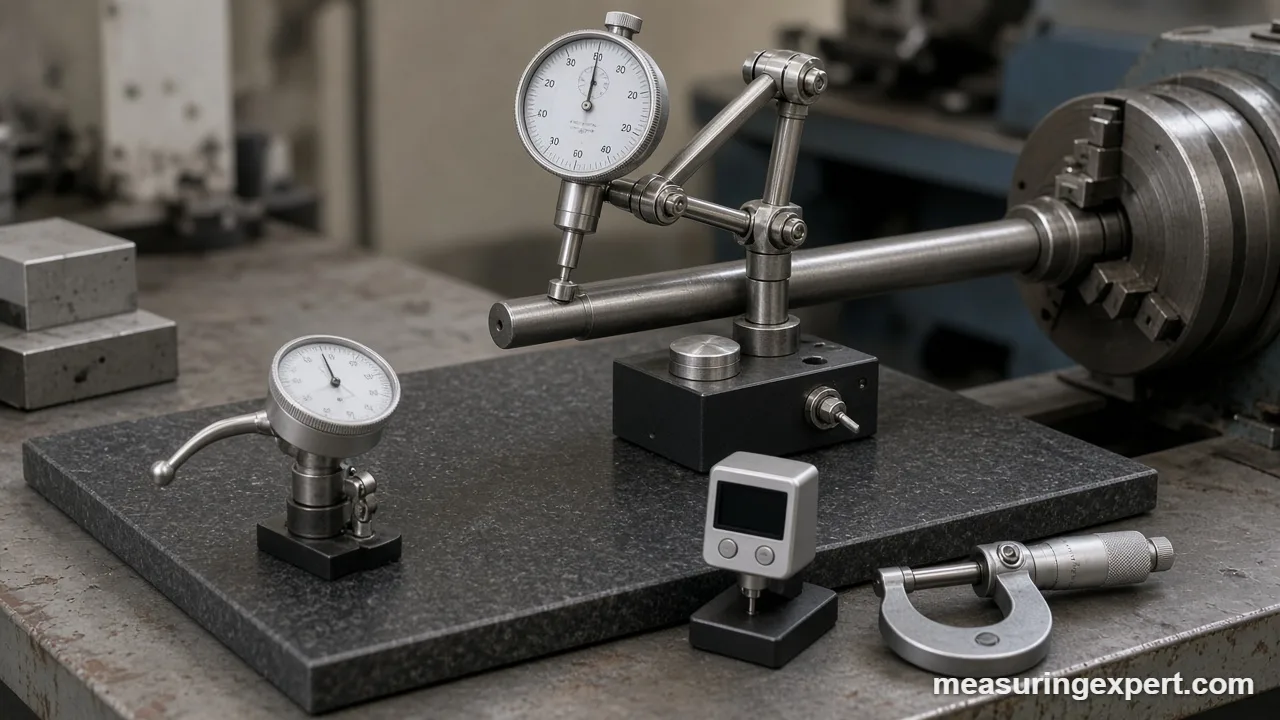Best dial indicator options laid out on a granite surface plate in a machine shop