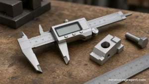 Best digital caliper on a workshop bench beside machined parts